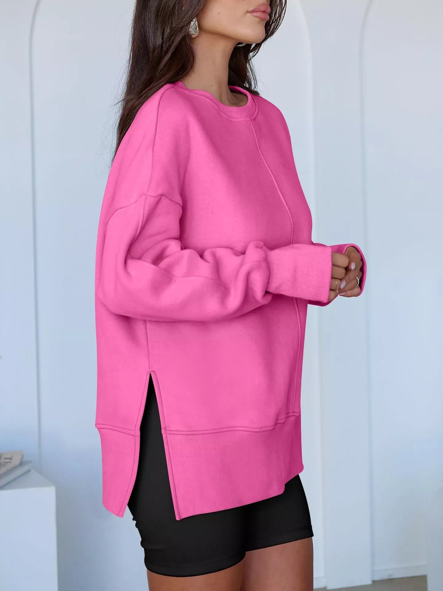 Side Slit Round Neck Long Sleeve Sweatshirt - Rochelle's House LLC