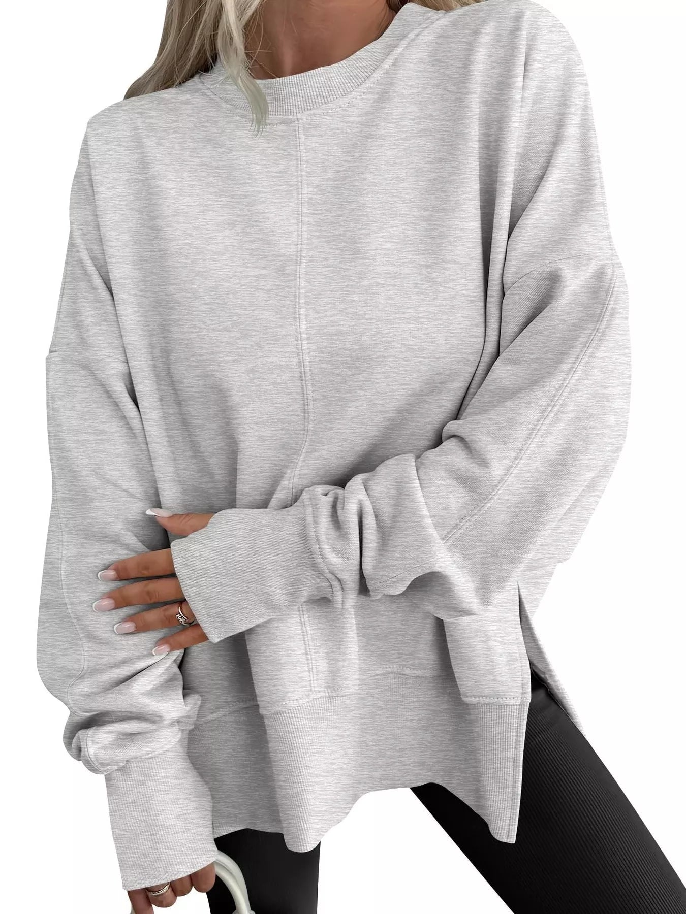 Side Slit Round Neck Long Sleeve Sweatshirt - Rochelle's House LLC