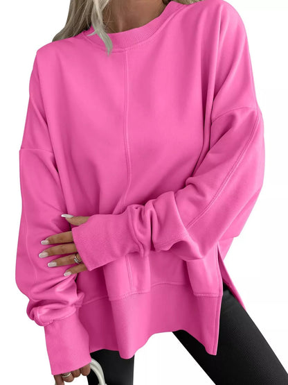 Side Slit Round Neck Long Sleeve Sweatshirt - Rochelle's House LLC