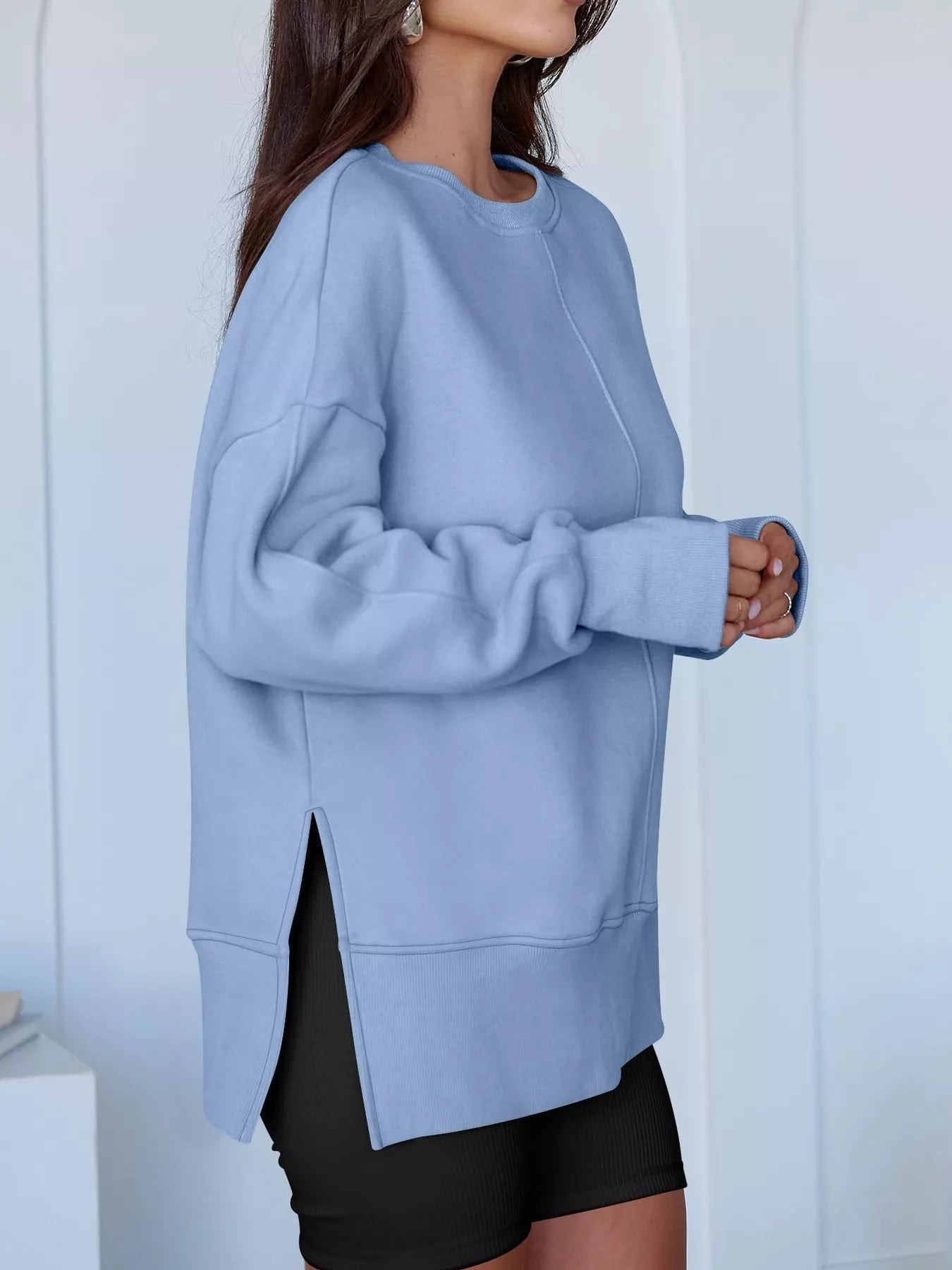 Side Slit Round Neck Long Sleeve Sweatshirt - Rochelle's House LLC
