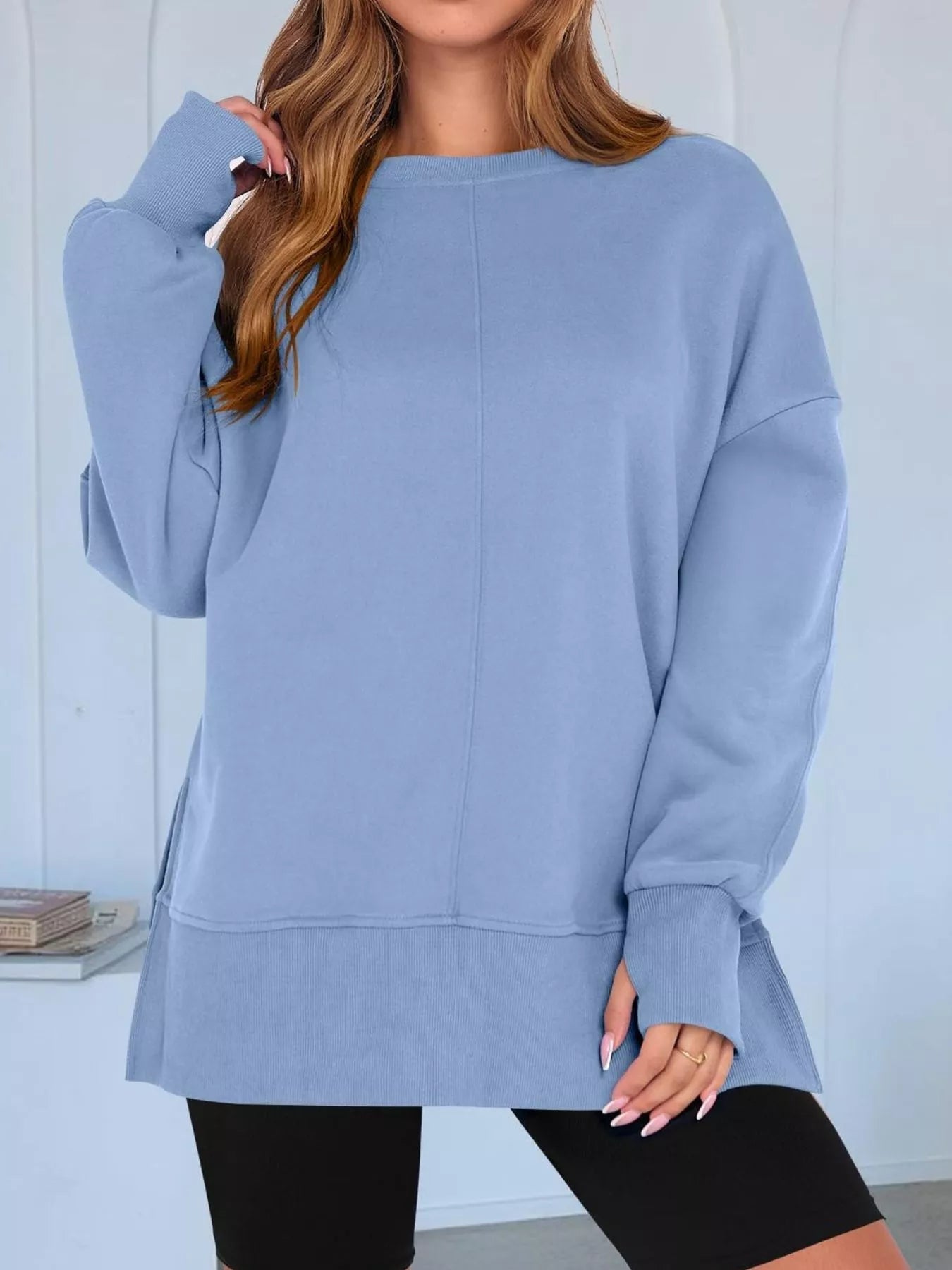 Side Slit Round Neck Long Sleeve Sweatshirt - Rochelle's House LLC