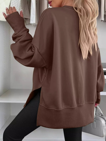 Side Slit Round Neck Long Sleeve Sweatshirt - Rochelle's House LLC