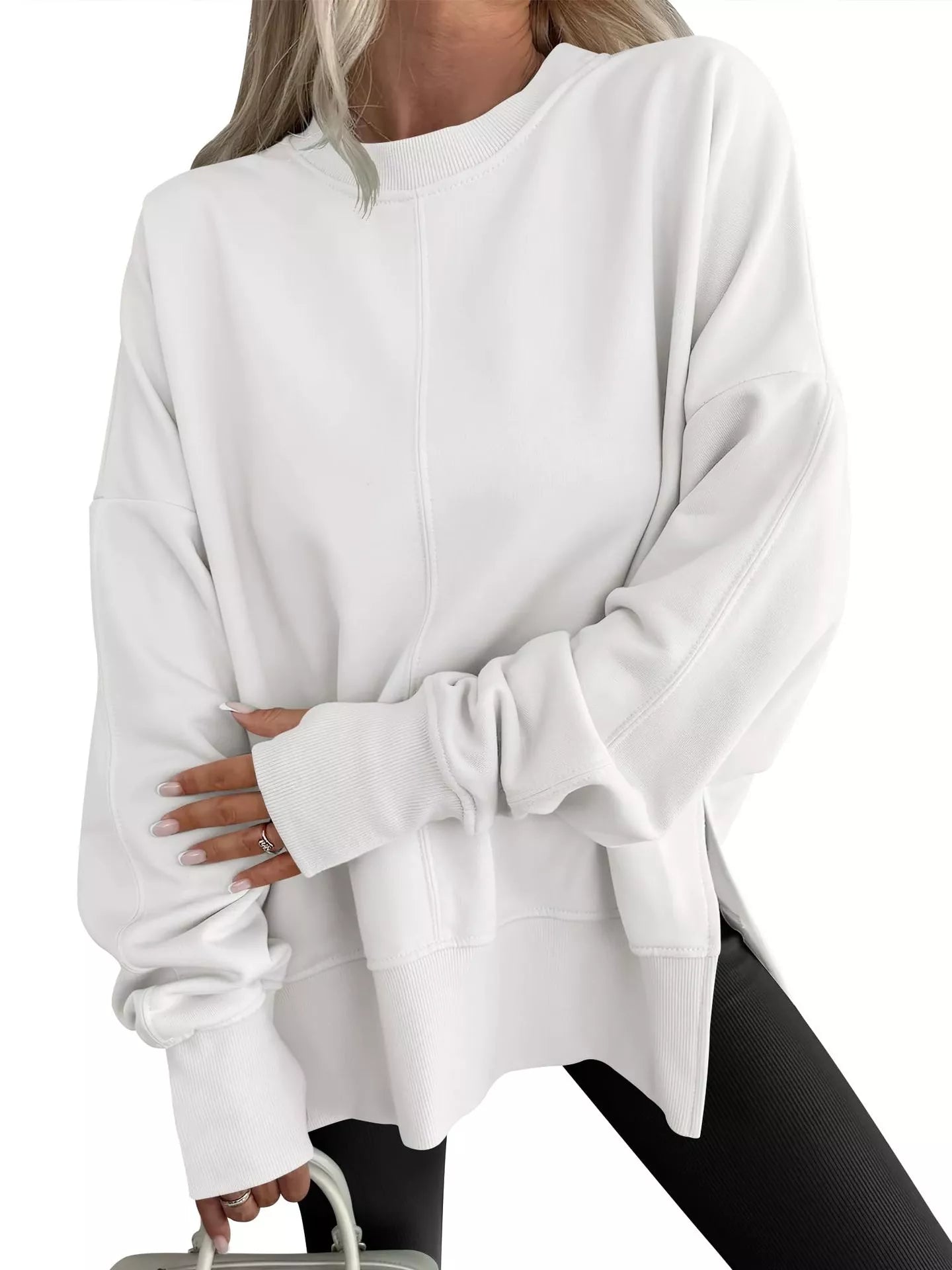 Side Slit Round Neck Long Sleeve Sweatshirt - Rochelle's House LLC