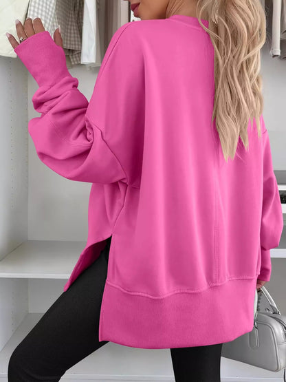 Side Slit Round Neck Long Sleeve Sweatshirt - Rochelle's House LLC