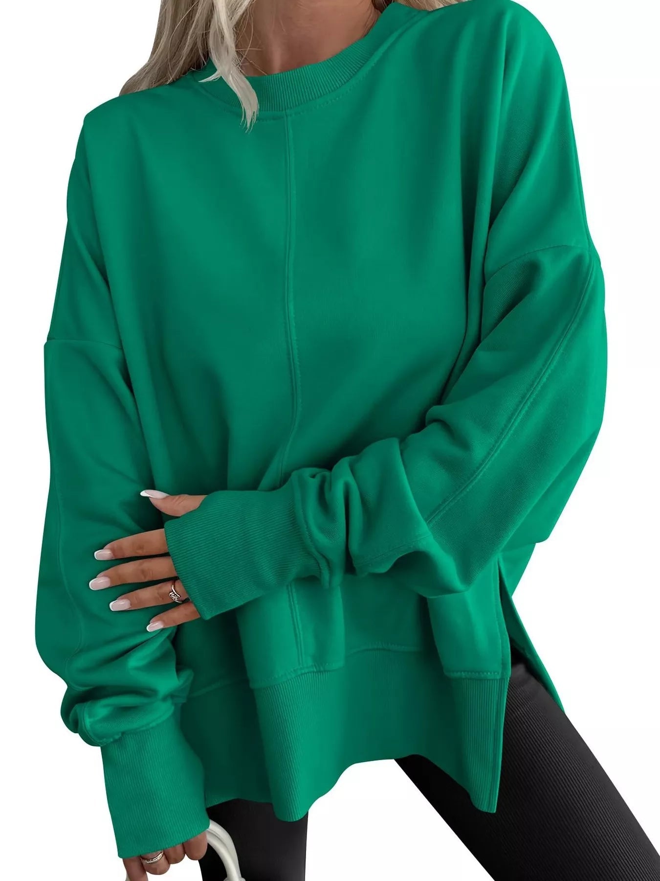 Side Slit Round Neck Long Sleeve Sweatshirt - Rochelle's House LLC