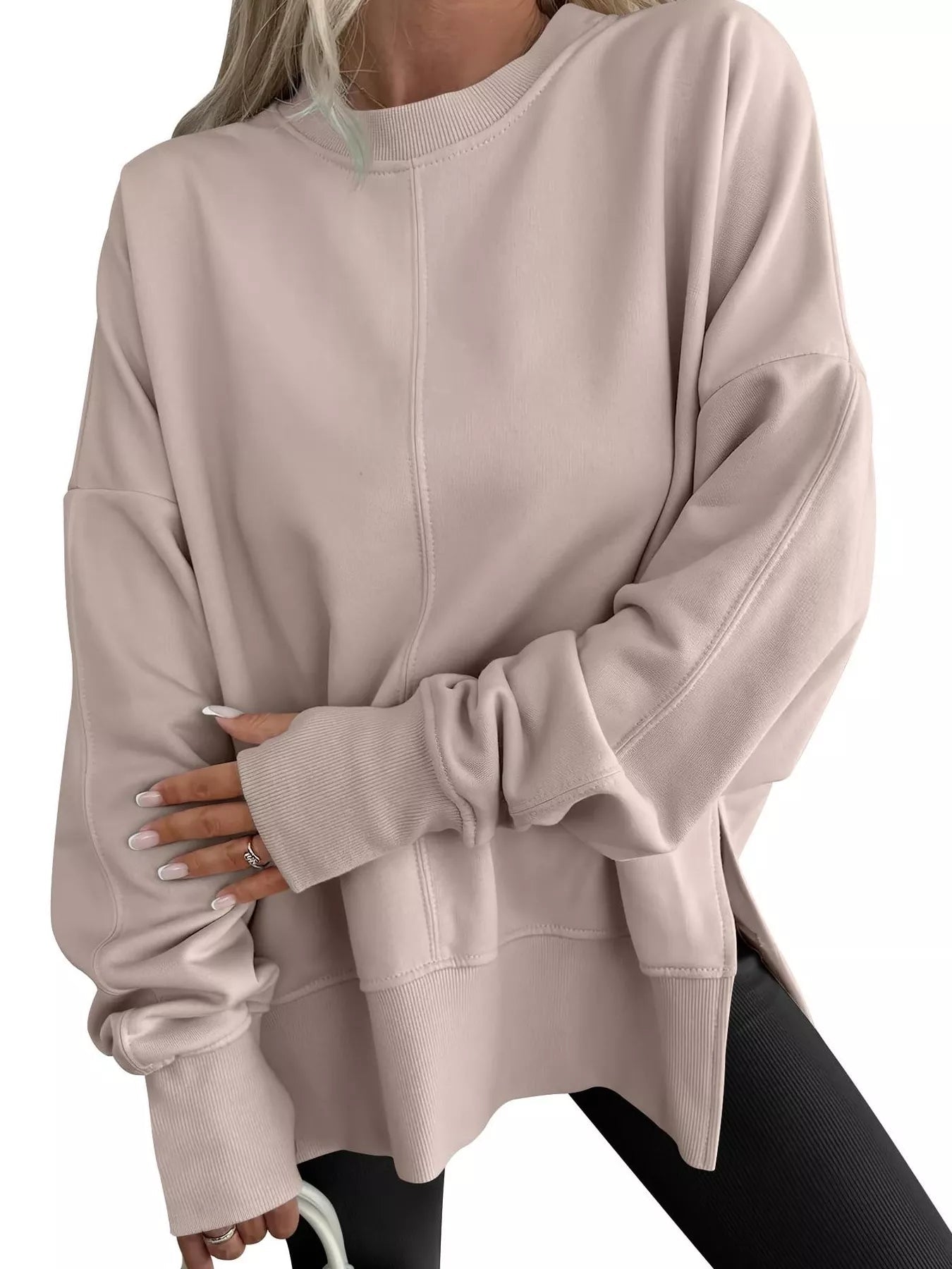 Side Slit Round Neck Long Sleeve Sweatshirt - Rochelle's House LLC