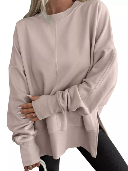 Side Slit Round Neck Long Sleeve Sweatshirt - Rochelle's House LLC