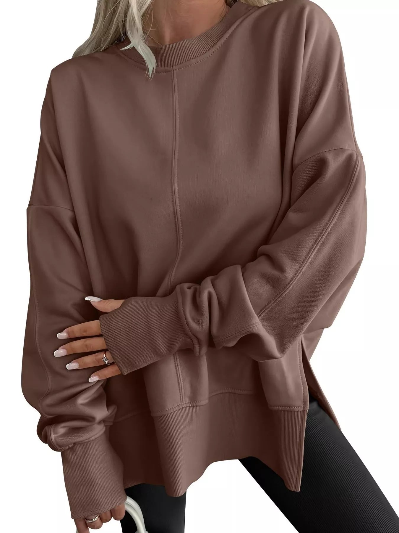 Side Slit Round Neck Long Sleeve Sweatshirt - Rochelle's House LLC