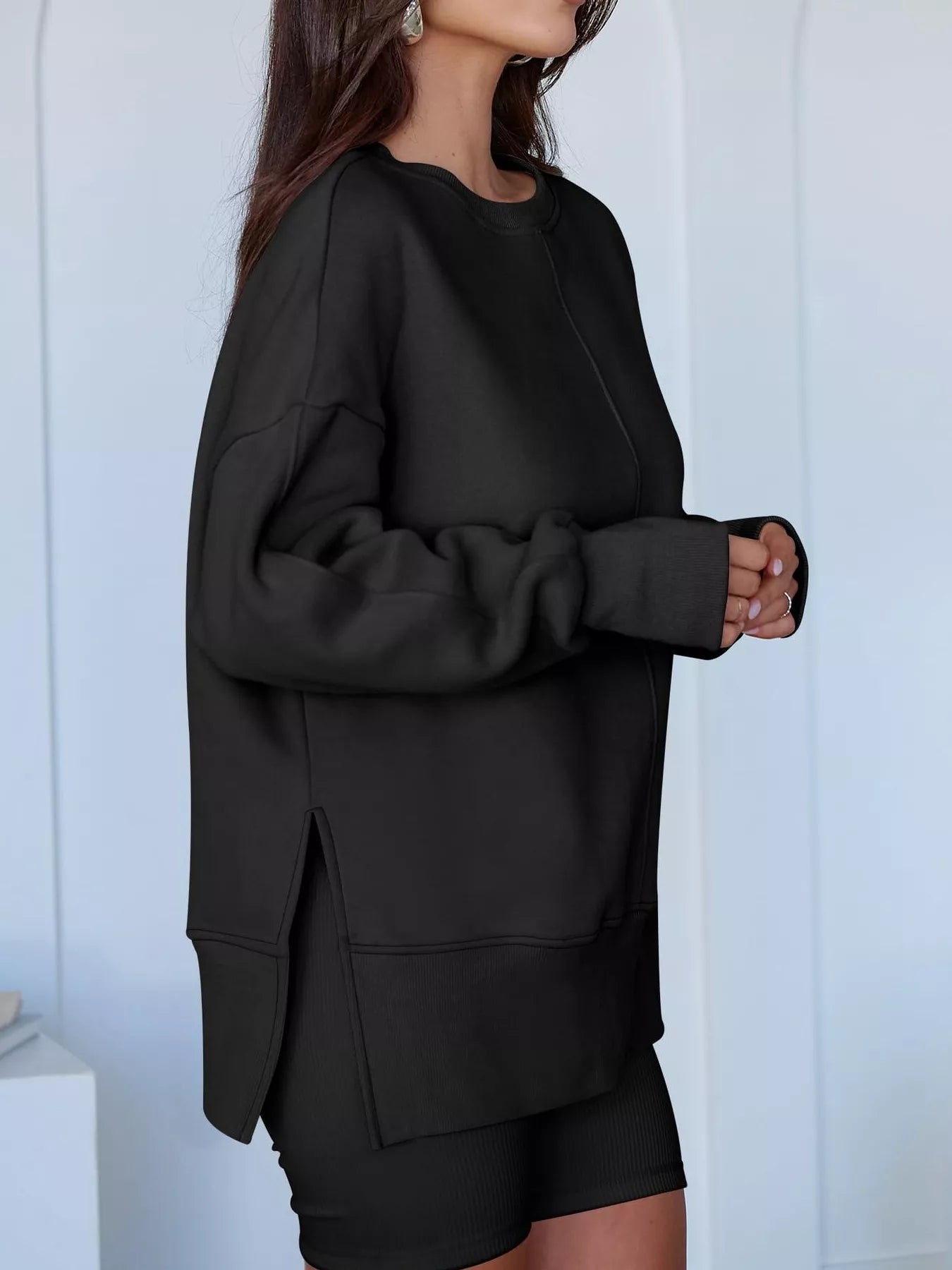Side Slit Round Neck Long Sleeve Sweatshirt - Rochelle's House LLC