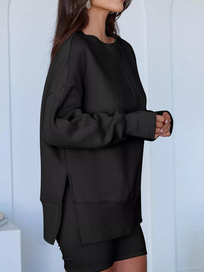 Side Slit Round Neck Long Sleeve Sweatshirt - Rochelle's House LLC