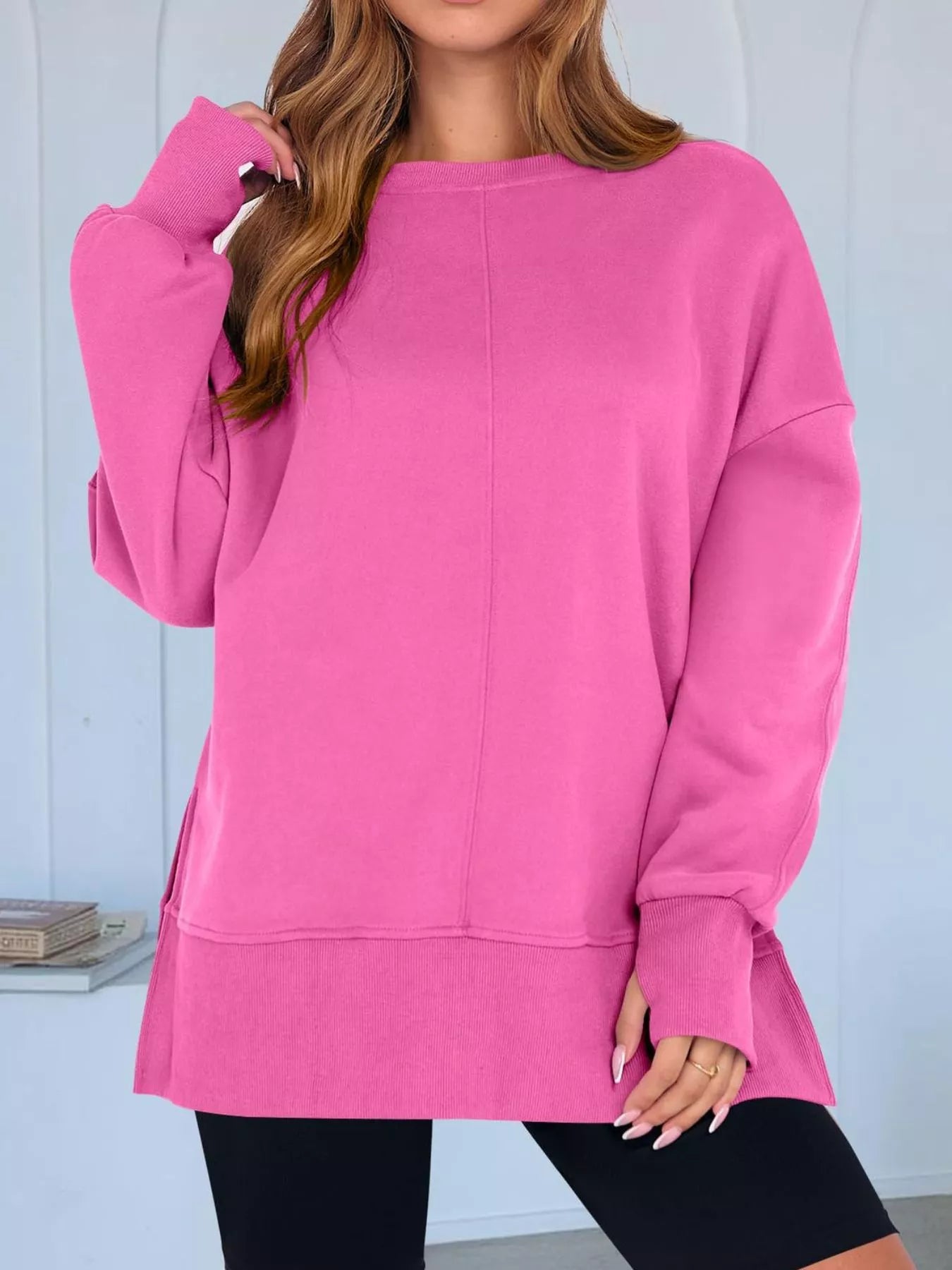 Side Slit Round Neck Long Sleeve Sweatshirt - Rochelle's House LLC