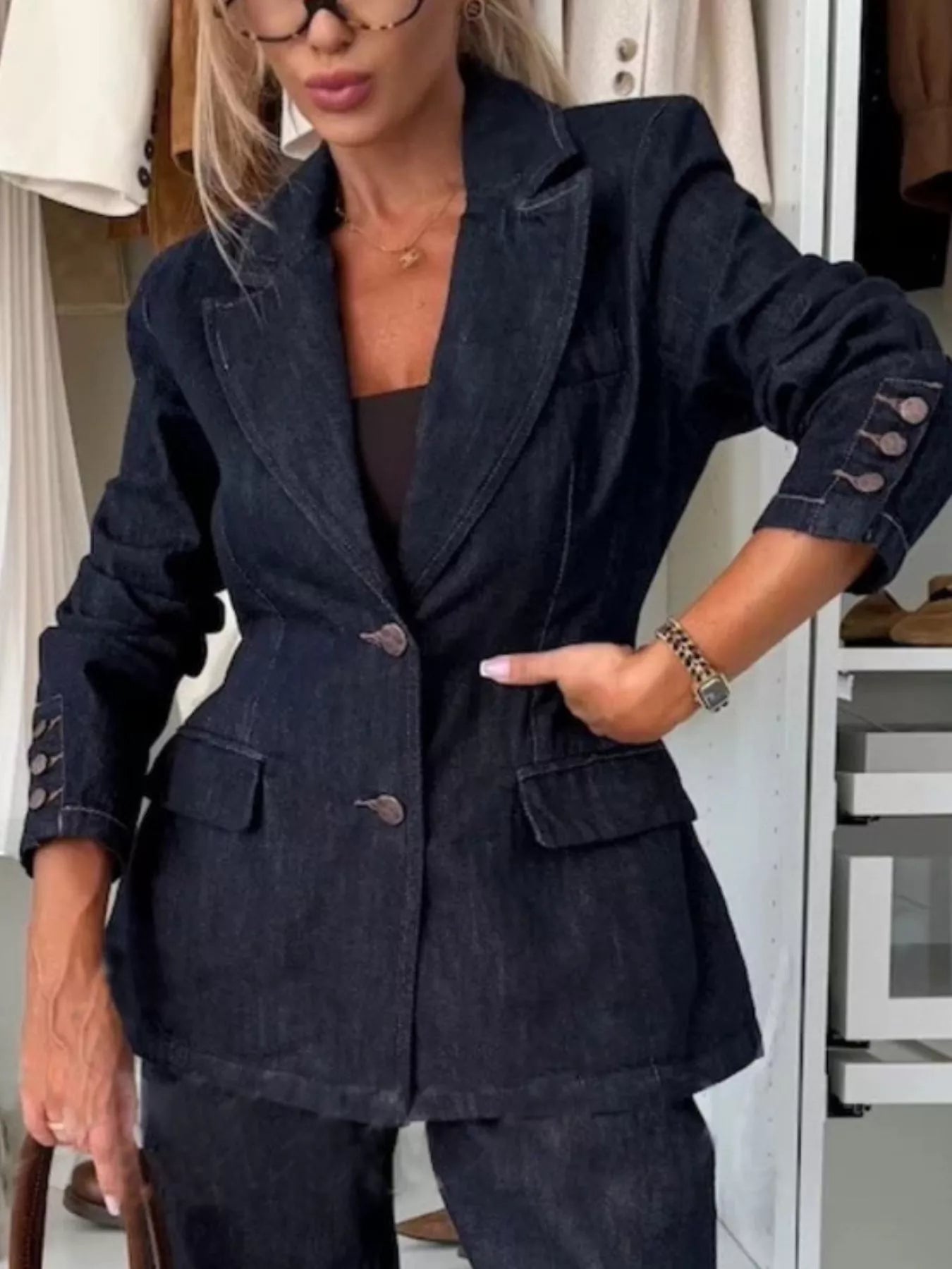 Single - Breasted Washed Denim Blazer - Rochelle's House LLC