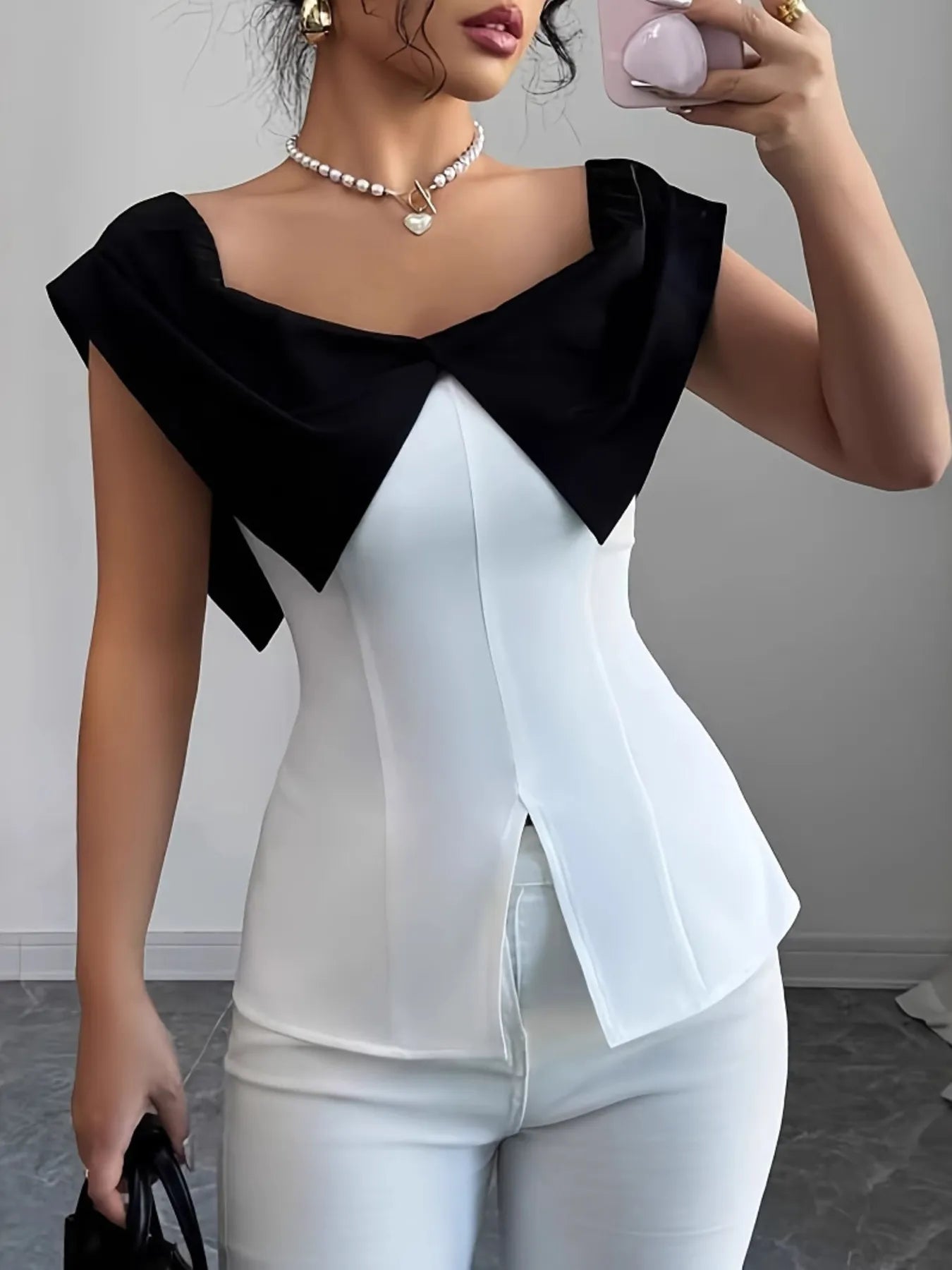 Slit Contrast Cap Sleeve Blouse - Rochelle's House LLC