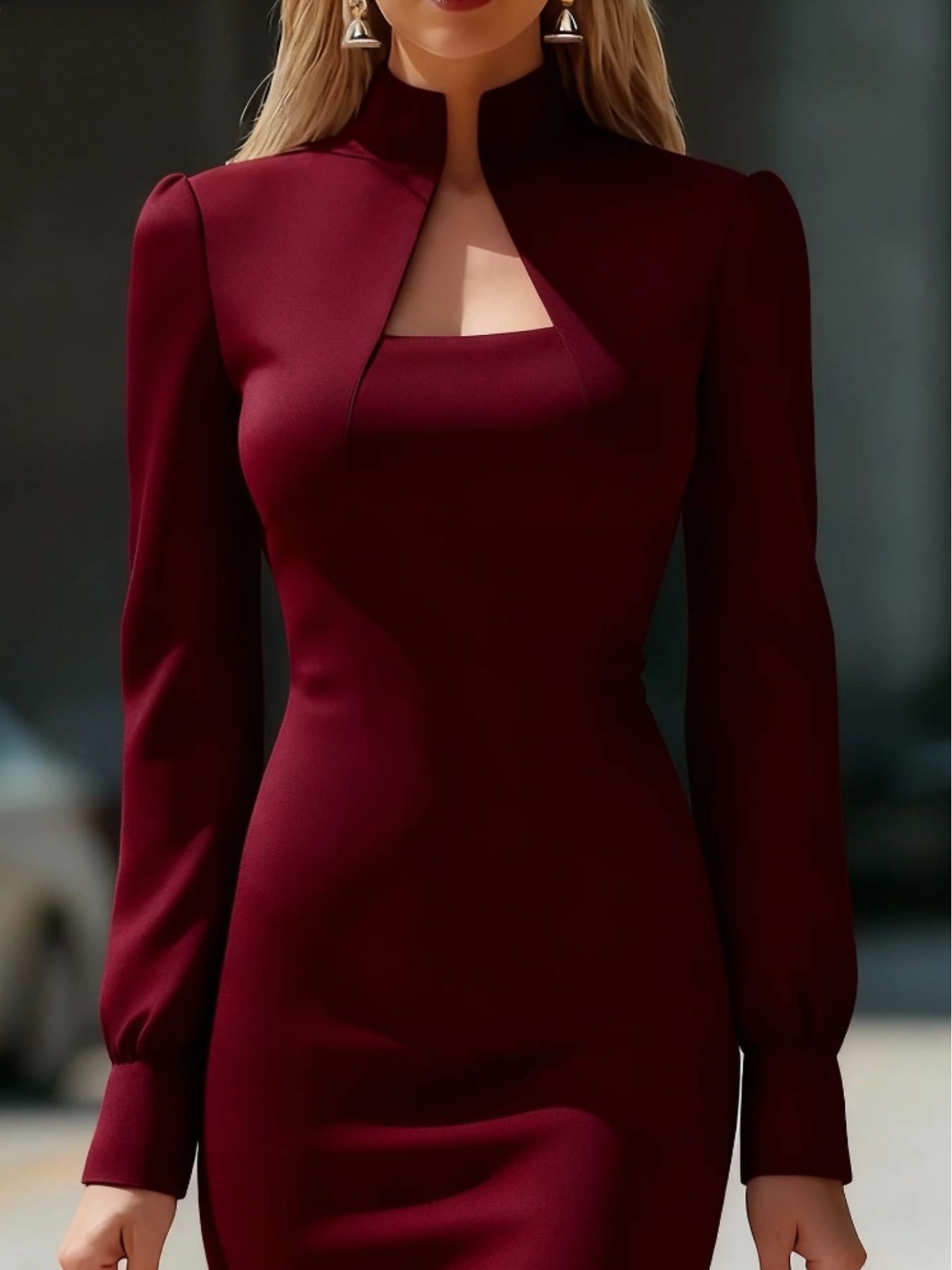 Slit High Neck Long Sleeve Dress - Rochelle's House LLC