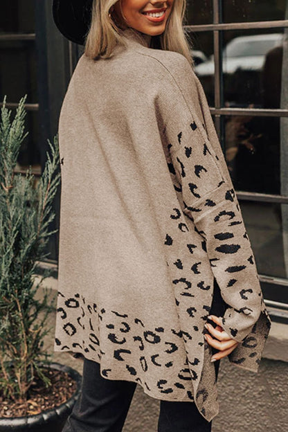 Slit Leopard Mock Neck Dropped Shoulder Sweater - Rochelle's House LLC