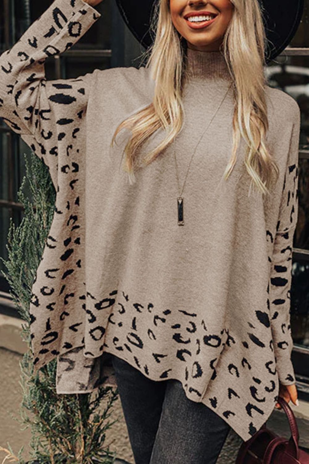 Slit Leopard Mock Neck Dropped Shoulder Sweater - Rochelle's House LLC