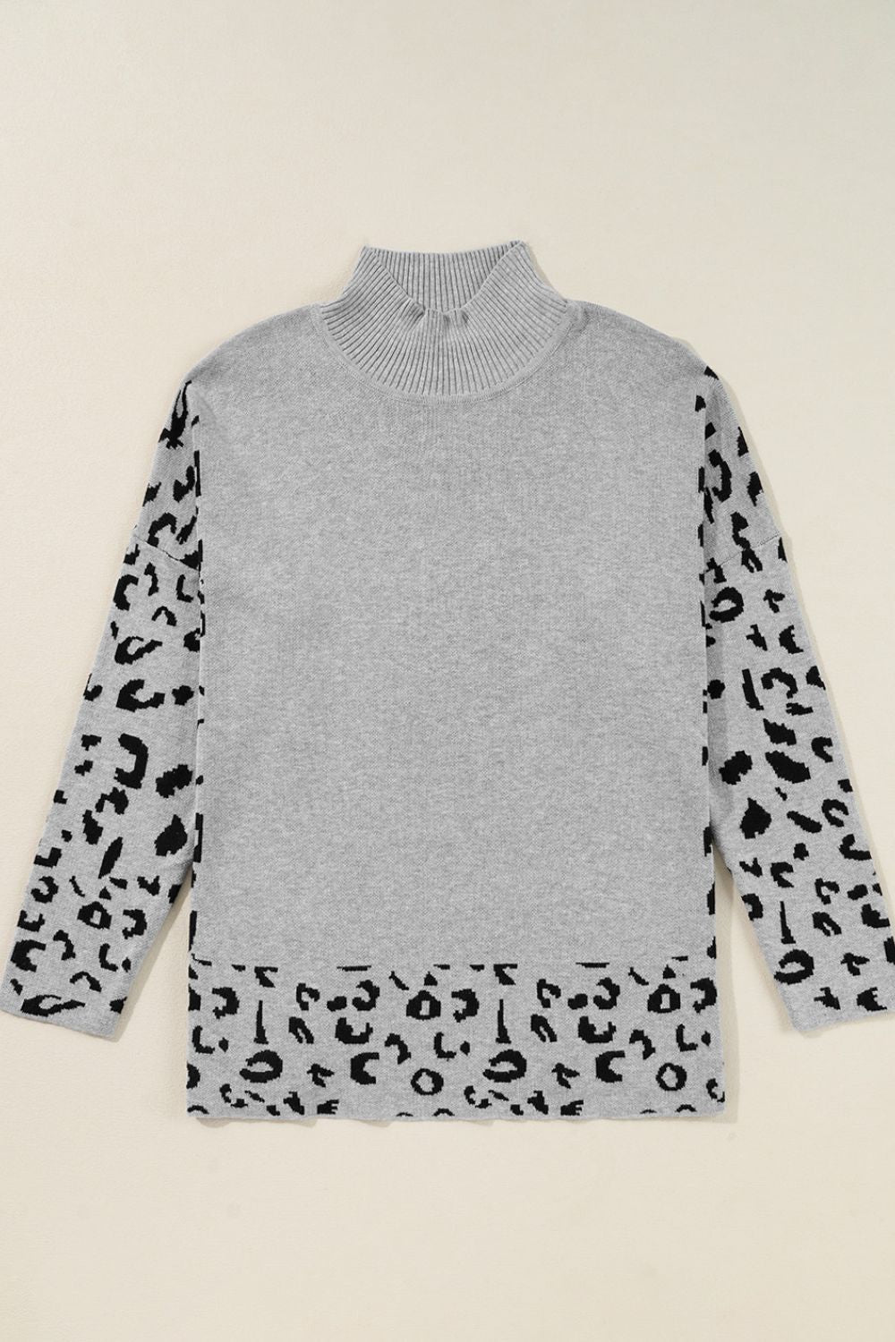Slit Leopard Mock Neck Dropped Shoulder Sweater - Rochelle's House LLC