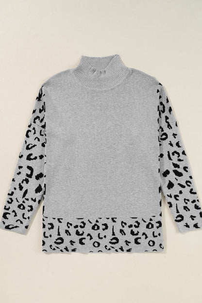 Slit Leopard Mock Neck Dropped Shoulder Sweater - Rochelle's House LLC