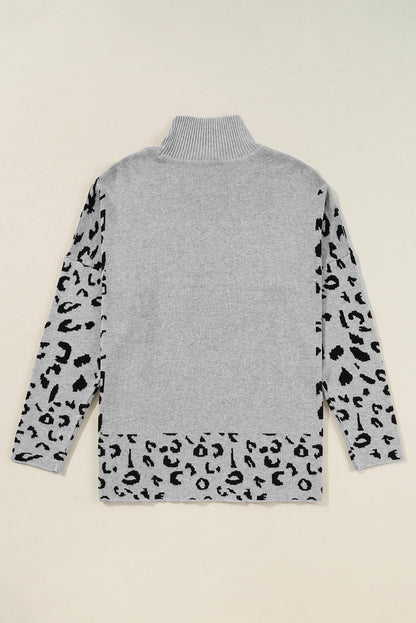 Slit Leopard Mock Neck Dropped Shoulder Sweater - Rochelle's House LLC