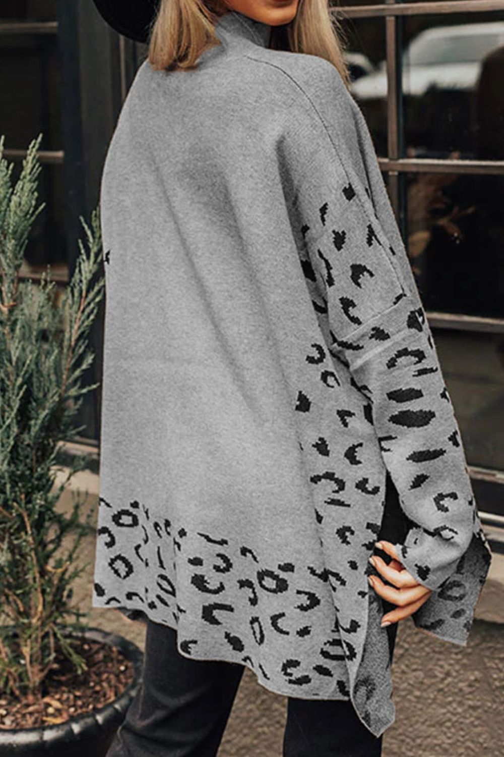 Slit Leopard Mock Neck Dropped Shoulder Sweater - Rochelle's House LLC