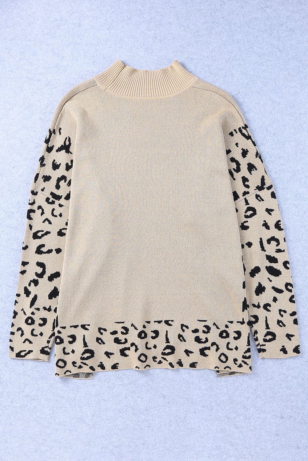 Slit Leopard Mock Neck Dropped Shoulder Sweater - Rochelle's House LLC