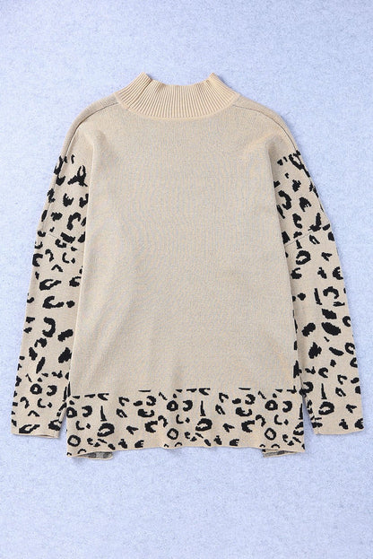 Slit Leopard Mock Neck Dropped Shoulder Sweater - Rochelle's House LLC