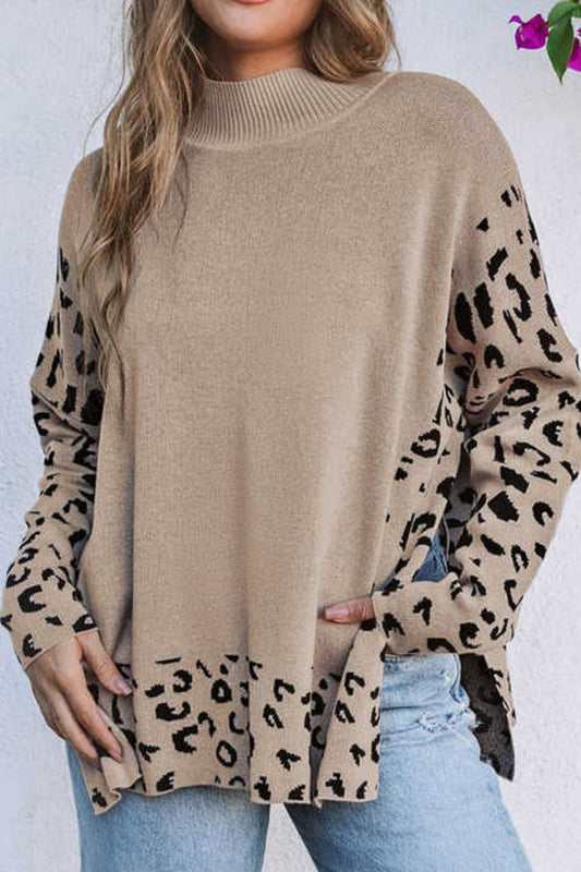 Slit Leopard Mock Neck Dropped Shoulder Sweater - Rochelle's House LLC