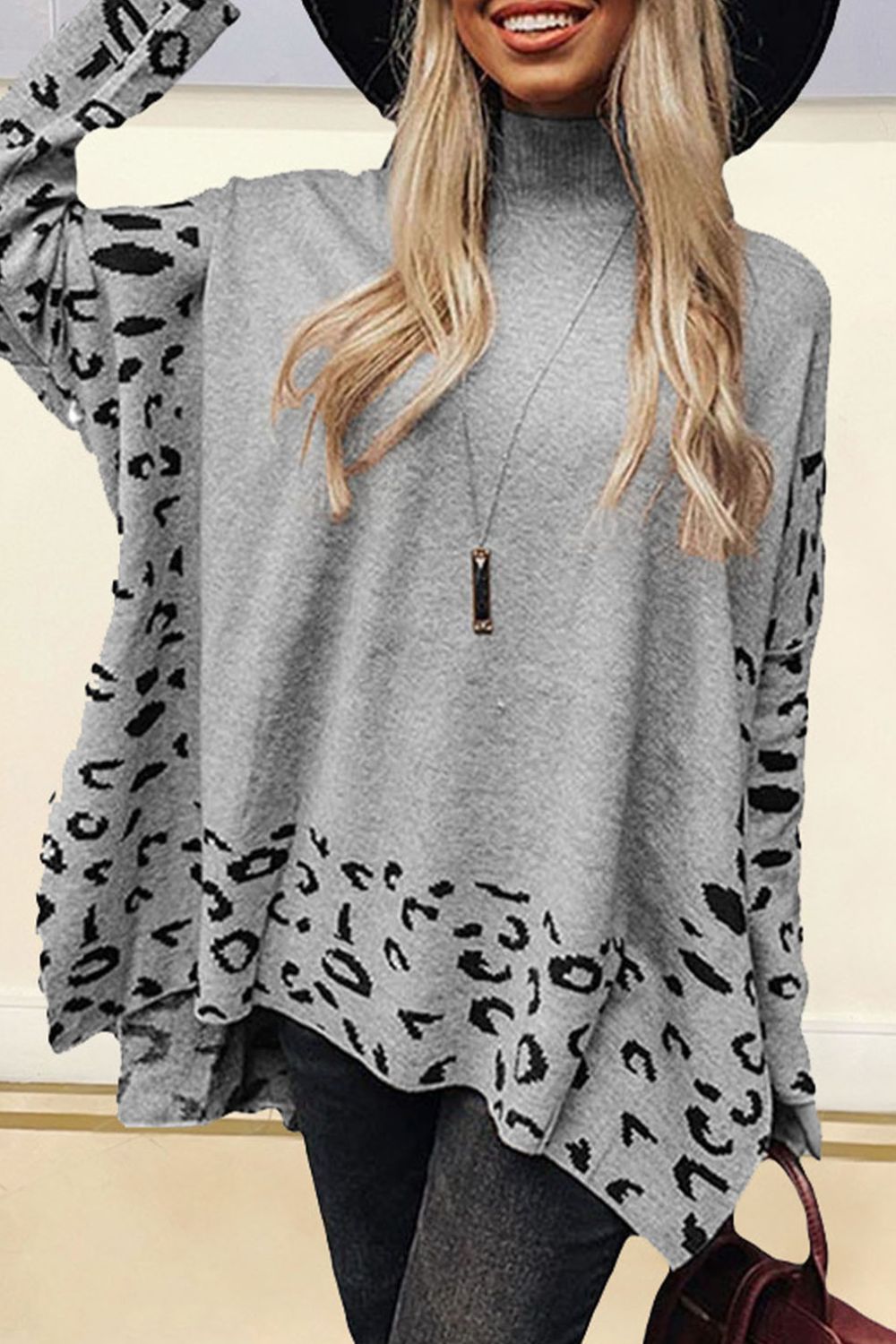 Slit Leopard Mock Neck Dropped Shoulder Sweater - Rochelle's House LLC