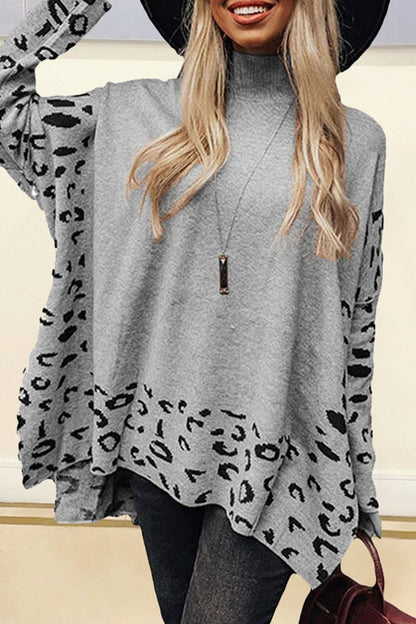 Slit Leopard Mock Neck Dropped Shoulder Sweater - Rochelle's House LLC