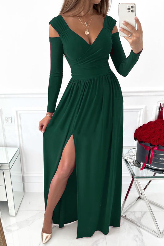 Front view of Slit Surplice Long Sleeve Maxi Dress in Dark Green showing neckline and sleeve details