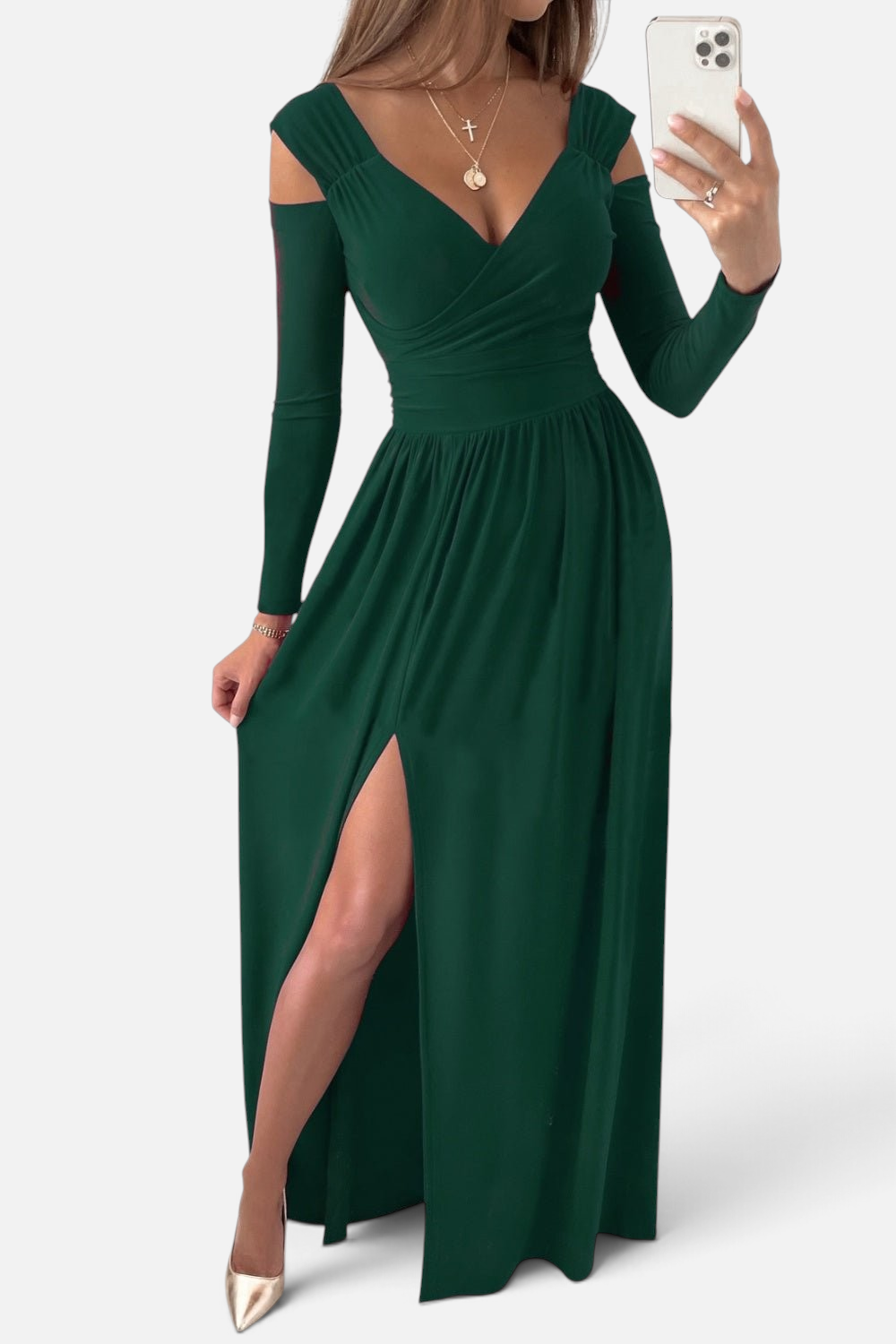 Front view of Slit Surplice Long Sleeve Maxi Dress in Dark Green showing neckline and sleeve details