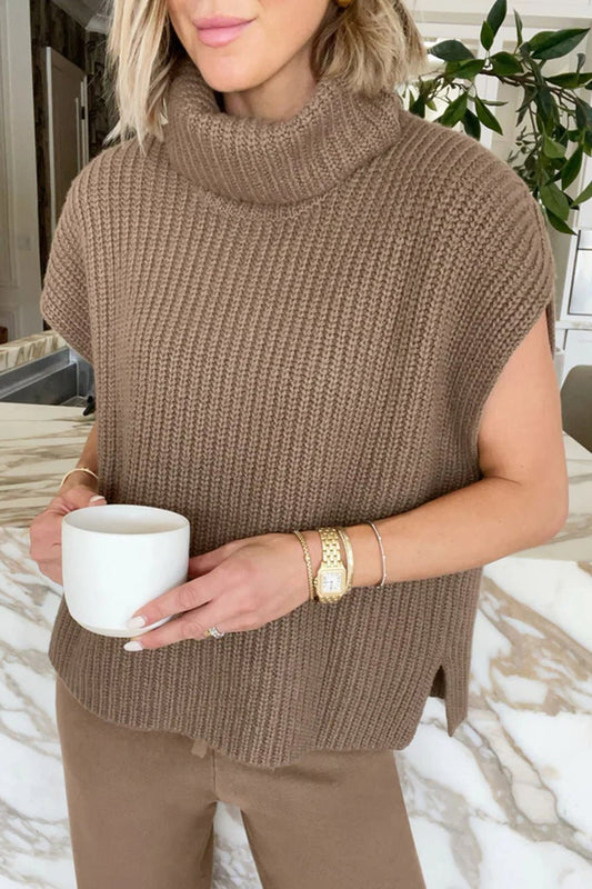 Slit Turtleneck Cap Sleeve Sweater - Rochelle's House LLC