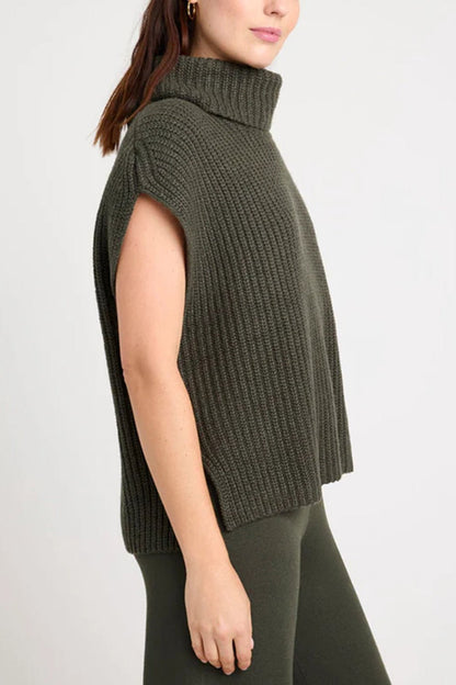 Slit Turtleneck Cap Sleeve Sweater - Rochelle's House LLC