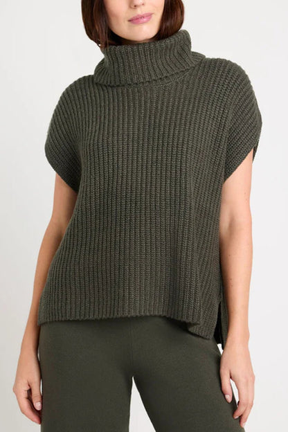 Slit Turtleneck Cap Sleeve Sweater - Rochelle's House LLC