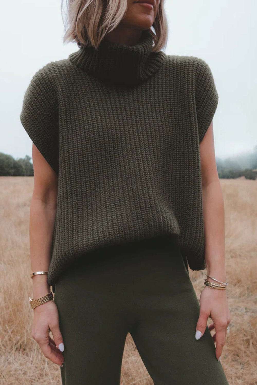 Slit Turtleneck Cap Sleeve Sweater - Rochelle's House LLC