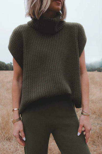 Slit Turtleneck Cap Sleeve Sweater - Rochelle's House LLC