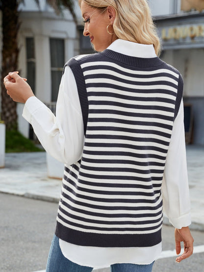 Slit V - Neck Striped Sweater Vest - Rochelle's House LLC