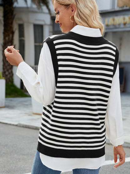 Slit V - Neck Striped Sweater Vest - Rochelle's House LLC