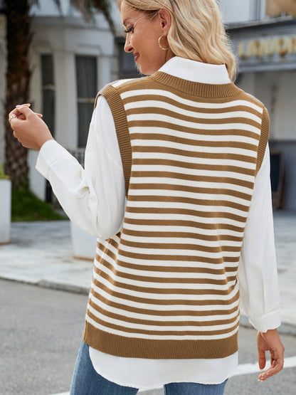 Slit V - Neck Striped Sweater Vest - Rochelle's House LLC