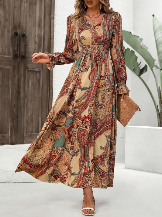 Front view of Smocked Printed V-Neck Flounce Sleeve Dress in Caramel showing neckline and sleeve details