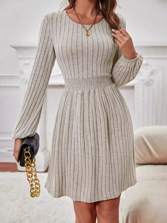 Front view of Smocked Round Neck Long Sleeve Knee Length Dress in Dust Storm showing neckline and sleeve details