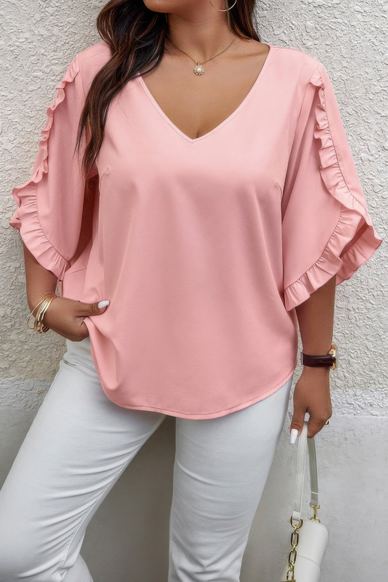 Front view of Solid Plus V Neck Ruffle Trim Petal Sleeve Blouse showing neckline and sleeve details