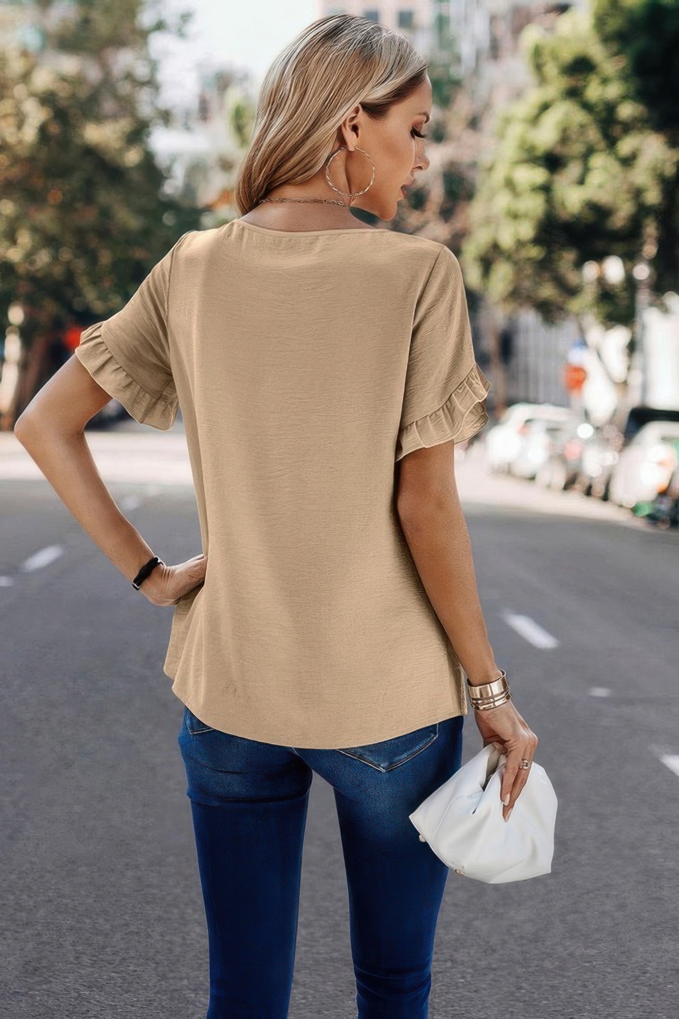 Solid Round Neck Ruffle Sleeve Loose Fit Blouse - Rochelle's House LLC
