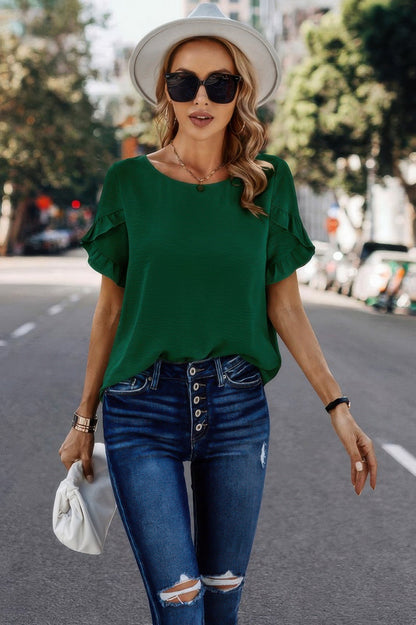Solid Round Neck Ruffle Sleeve Loose Fit Blouse - Rochelle's House LLC