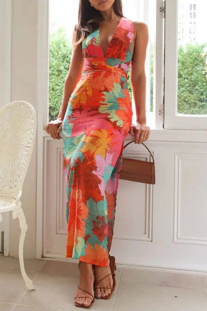 Front view of Split Crisscross Back Printed Plunge Maxi Dress in Multicolor showing neckline and sleeve details