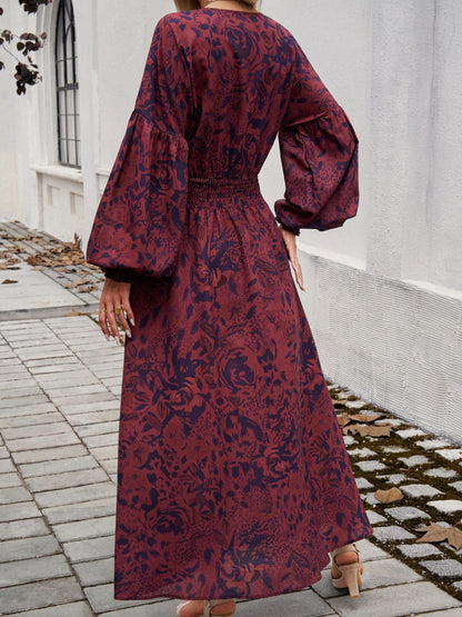 Split Printed Surplice Long Sleeve Midi Dress - Rochelle's House LLC