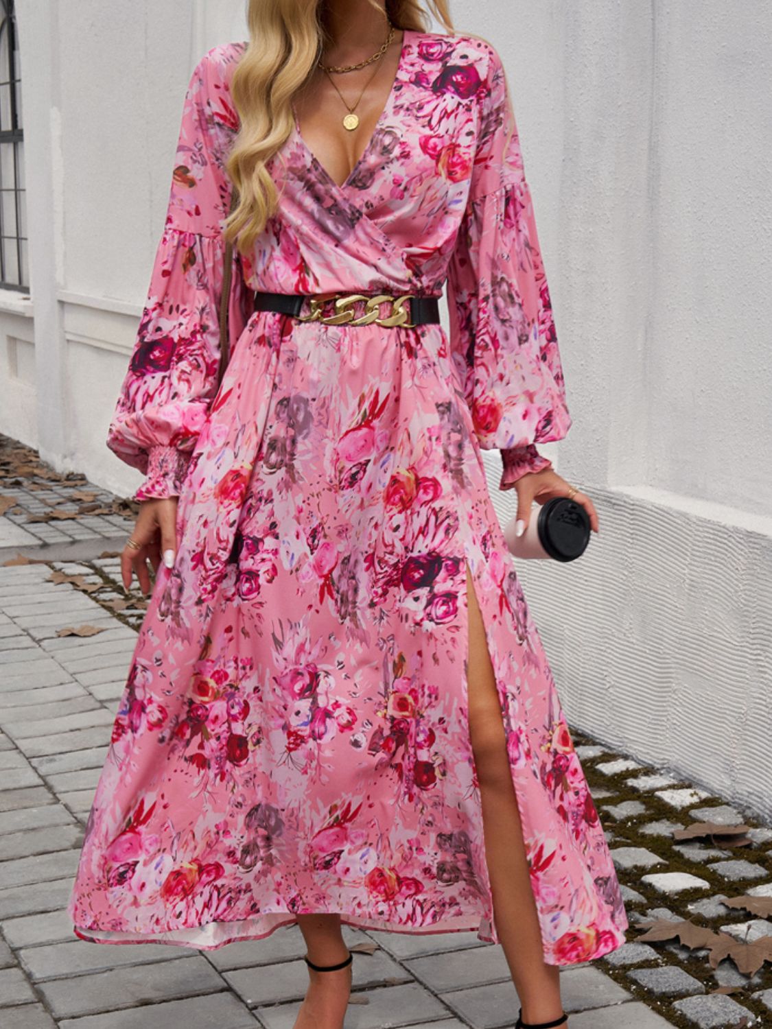 Split Printed Surplice Long Sleeve Midi Dress - Rochelle's House LLC