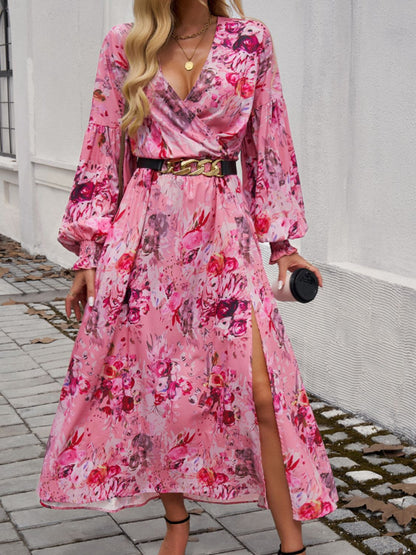 Split Printed Surplice Long Sleeve Midi Dress - Rochelle's House LLC