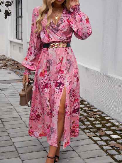 Split Printed Surplice Long Sleeve Midi Dress - Rochelle's House LLC