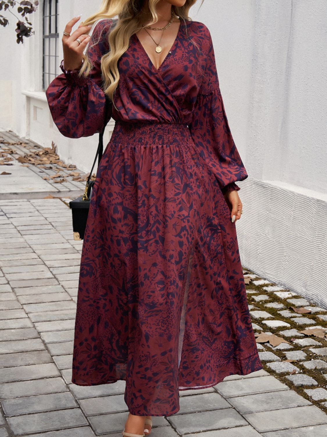 Split Printed Surplice Long Sleeve Midi Dress - Rochelle's House LLC